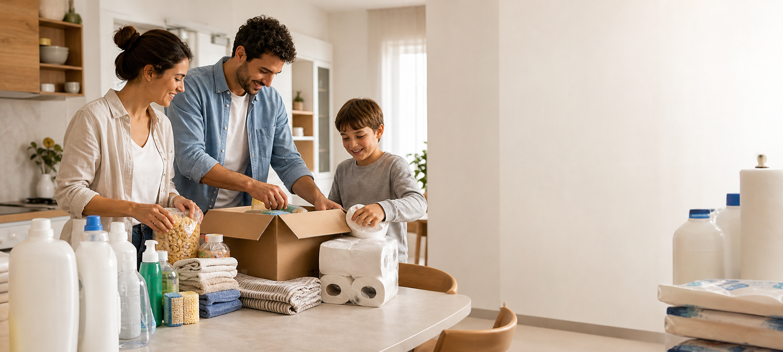 Famiglia che organizza la spesa di casa