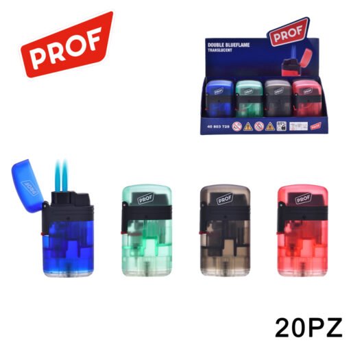 Art.40803728 Prof Accendino Turbo Doppia Fiamma Blu Traslucido Conf. 20Pz