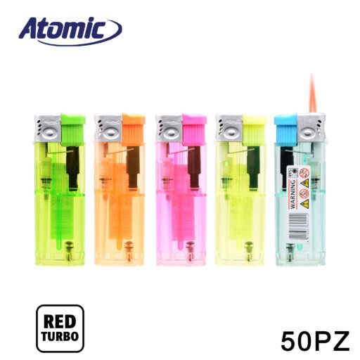 Art.3729000 Atomic Accendino Turbo Trasparente Colorato Ass. Conf.50Pz