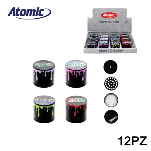 Art.0212545 Atomic Grinder In Metallo Ã40Mm, 4 Parti Tutto Nero Con Stampa Conf.12Pz