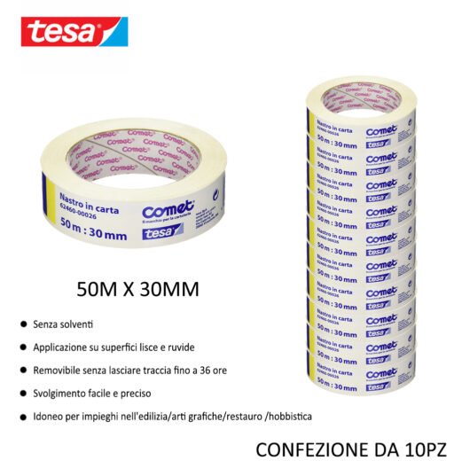 Tesa Comet Nastro Adesivo Carta 50Mx30Mm Avana 10Pz