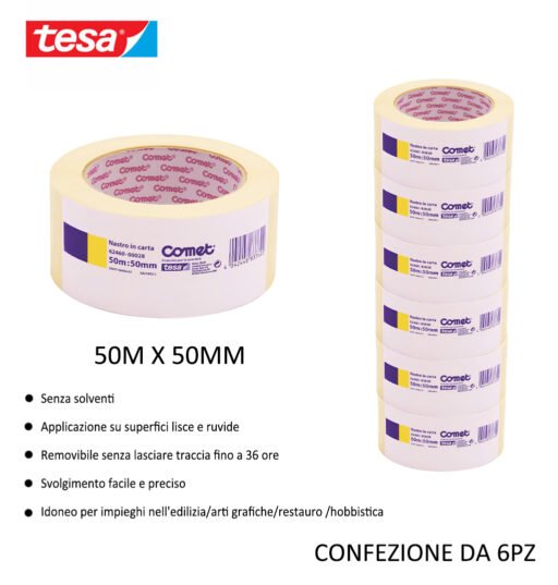Tesa Comet Nastro Adesivo Carta 50Mx50Mm Avana 6Pz