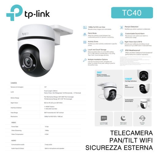 Telecamera Pan Tilt Wifi Sicurezza Esterna Tp-Link Art.Tc40 1Pz