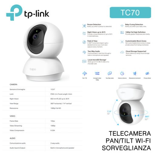 Telecamera Pan Tilt Wi-Fi Sorveglianza Tp-Link Art.Tc70 1Pz
