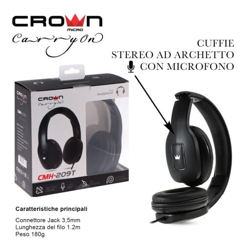 Cuffie Stereo Con Mic 3.5 Jack Nera Crown Micro Art.Cmh-209T Bl1