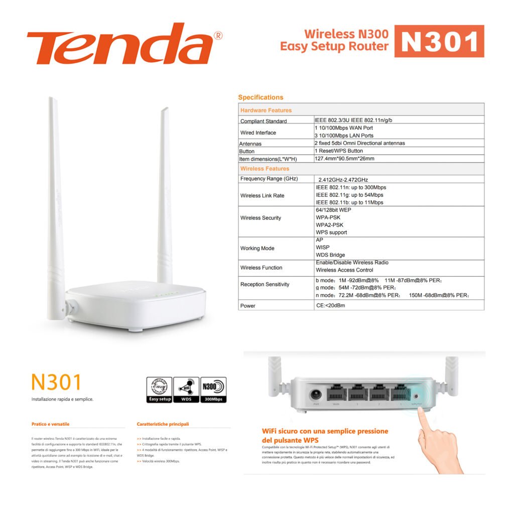 Router Wirelwss N300 Tenda Art.N301 Pz1