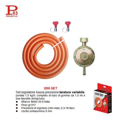 Set Regolatore Taratura Variabile Bassa Pressione Tubo 1,5Mt Art.I200 Set Pz1