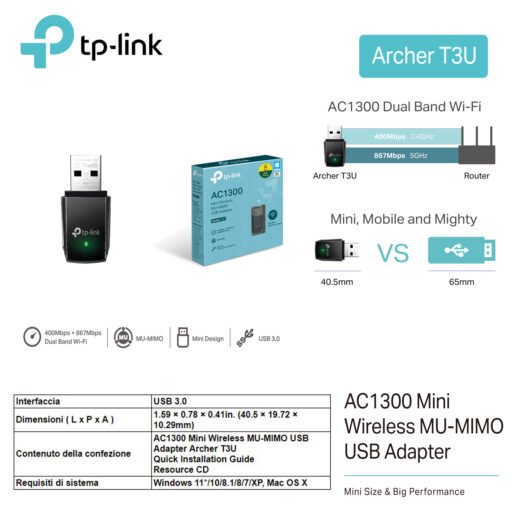 Tplink Ac1300 Mini Wireless Mu-Moni Usb Adapter Archer T3U 1Pz