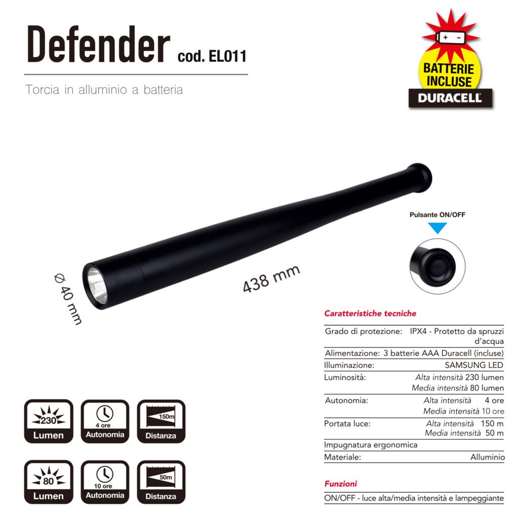 Defender - Torcia Led In Alluminio 230 Lumen Ip65 Lucequadra Cfg Art.El011