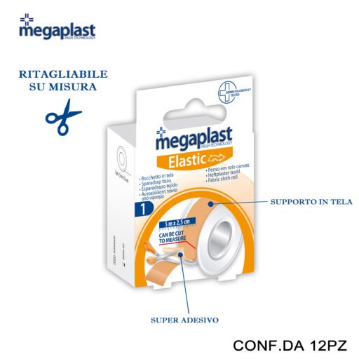 Art.120177 Megaplast Elastic Rocchetto 5Mx2.5Cm Tela Conf.1 12Pz