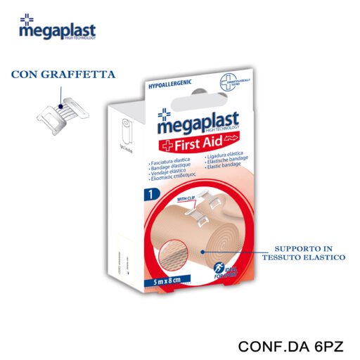 Art.164225 Megaplast First Aid Fasciatura Elastica Con Clip 5Mx8Cm Conf.1 6Pz