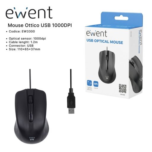EWENT MOUSE OTTICO C/CAVO USB-A 1000DPI