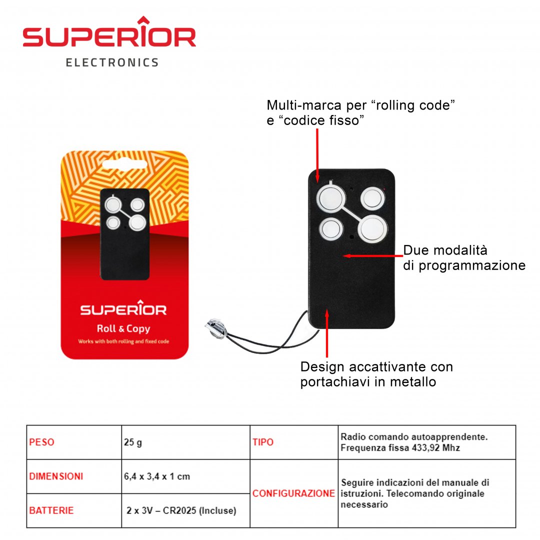 433,92 Mhz Roll Copy Radiocomandi Apri Cancello Art.Suprr001 Superior Bl1