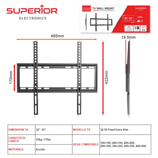 Supporto Tv 32-55 Fixed Extra Slim Art.Supstv004 Superior Pz1