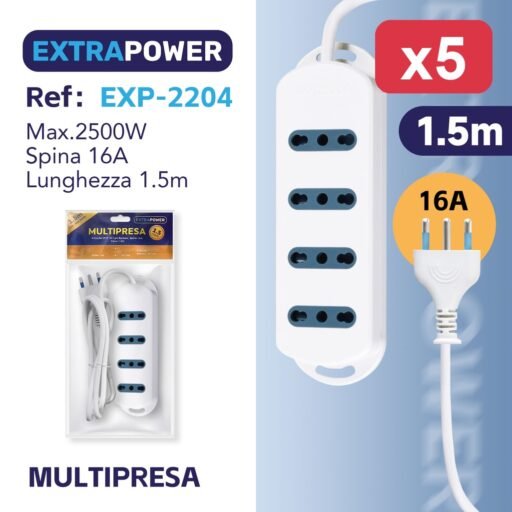 Extrapower Multipresa 4 Uscite 2PT 10/16A Bipasso, Spina 16A, Cavo 1,5m ART.EXP2204