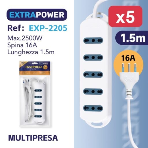 **Extrapower Multipresa 5 Uscite 2PT 10/16A Bipasso, Spina 16A, Cavo 1,5m ART.EXP2205