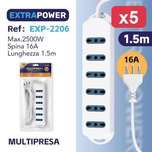 **Extrapower Multipresa 6 Uscite 2PT 10/16A Bipasso, Spina 16A, Cavo 1,5m ART.EXP2206