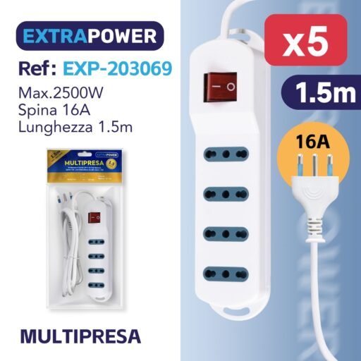 Extrapower Multipresa 4 Uscite 2PT 10/16A Bipasso, Spina 16A, con interruttore on/off, Cavo 1,5m ART.EXP203069