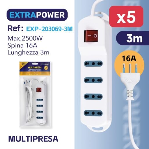**Extrapower Multipresa 4 Uscite 2PT 10/16A Bipasso, Spina 16A, con interruttore on/off, Cavo 3m ART.EXP203069-3M