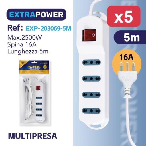 **Extrapower Multipresa 4 Uscite 2PT 10/16A Bipasso, Spina 16A, con interruttore on/off, Cavo 5m ART.EXP203069-5M