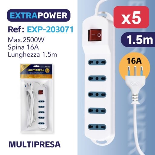 **Extrapower Multipresa 5 Uscite 2PT 10/16A Bipasso, Spina 16A, con interruttore on/off, Cavo 1,5m ART.EXP203071