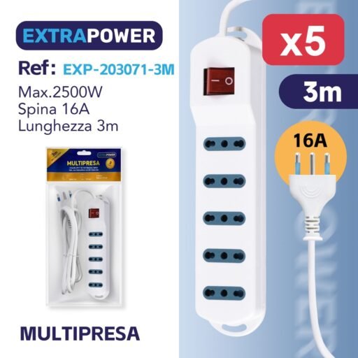 **Extrapower Multipresa 5 Uscite 2PT 10/16A Bipasso, Spina 16A, con interruttore on/off, Cavo 3m ART.EXP203071-3M