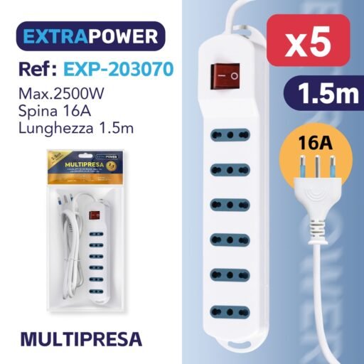 **Extrapower Multipresa 6 Uscite 2PT 10/16A Bipasso, Spina 16A, con interruttore on/off, Cavo 1,5m ART.EXP203070