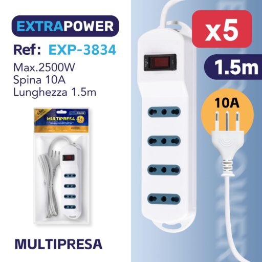 Extrapower Multipresa 4 Uscite 2PT 10/16A Bipasso, Spina 10A, Interruttore di sicurezza, Cavo 1,5m ART.EXP3834