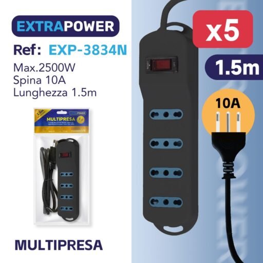 **Extrapower Multipresa 4 Uscite 2PT 10/16A Bipasso, Spina 10A, Interruttore di sicurezza, Cavo 1,5m, NERA ART.EXP3834N