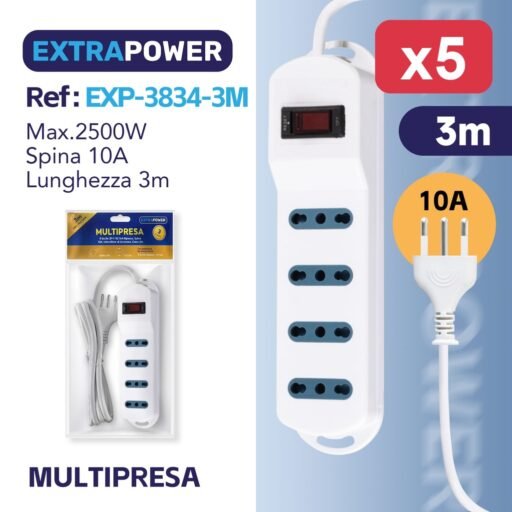 **Extrapower Multipresa 4 Uscite 2PT 10/16A Bipasso, Spina 10A, Interruttore di sicurezza, Cavo 3m ART.EXP3834-3M