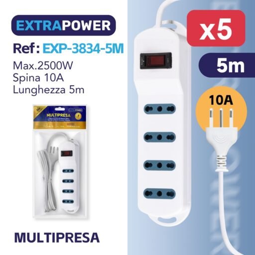 **Extrapower Multipresa 4 Uscite 2PT 10/16A Bipasso, Spina 10A, Interruttore di sicurezza, Cavo 5m ART.EXP3834-5M