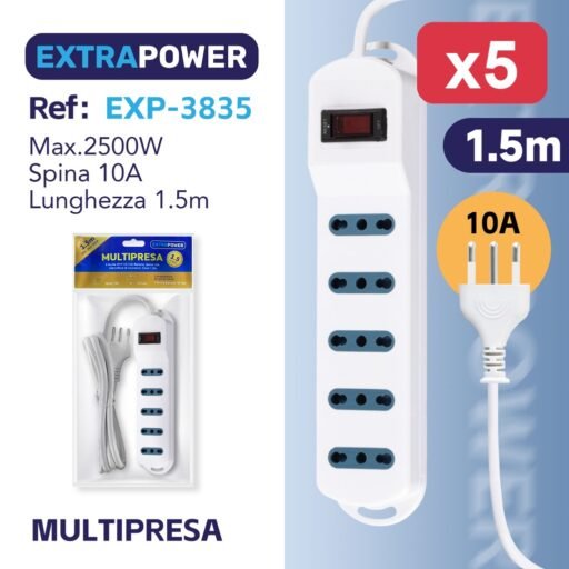 **Extrapower Multipresa 5 Uscite 2PT 10/16A Bipasso, Spina 10A, Interruttore di sicurezza, Cavo 1,5m ART.EXP3835