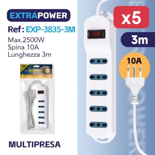 **Extrapower Multipresa 5 Uscite 2PT 10/16A Bipasso, Spina 10A, Interruttore di sicurezza, Cavo 3m ART.EXP3835-3M