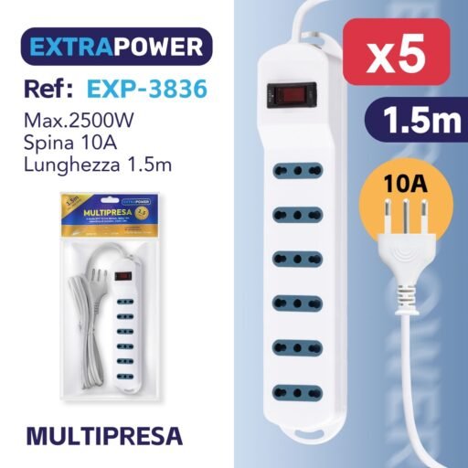 **Extrapower Multipresa 6 Uscite 2PT 10/16A Bipasso, Spina 10A, Interruttore di sicurezza, Cavo 1,5m ART.EXP3836