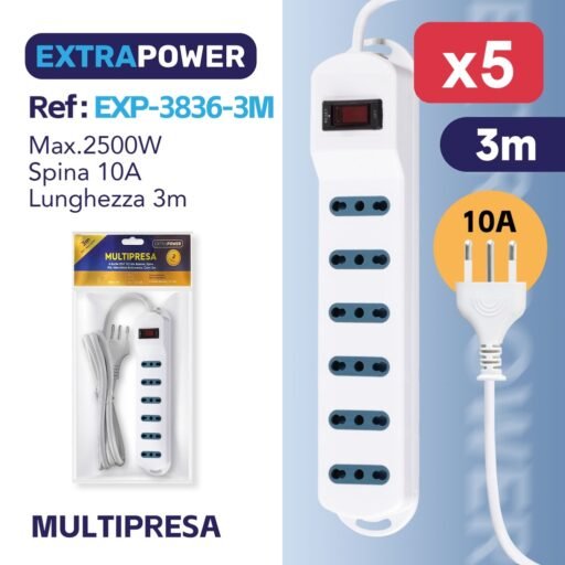 **Extrapower Multipresa 6 Uscite 2PT 10/16A Bipasso, Spina 10A, Interruttore di sicurezza, Cavo 3m ART.EXP3836-3M