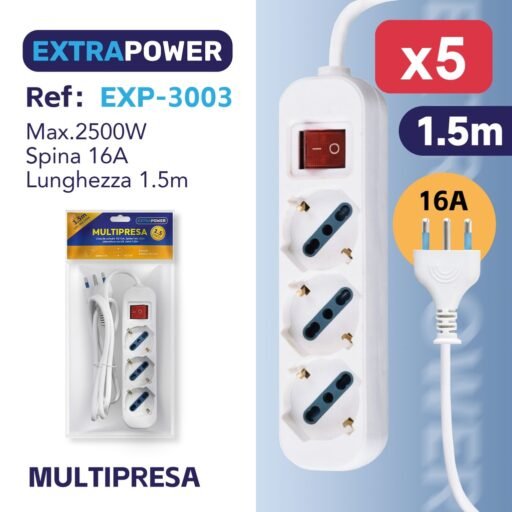 Extrapower Multipresa 3 Uscite schuko 10/16A, Spina 16A, Con interruttore on/off, cavo 1,5m ART.EXP3003
