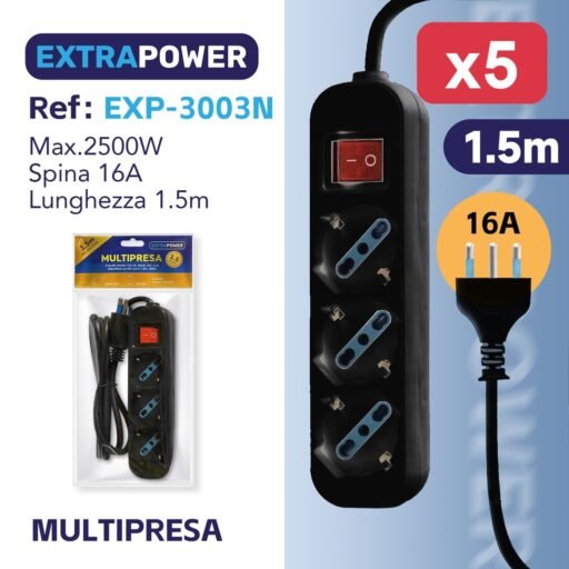 Extrapower Multipresa 3 Uscite schuko 10/16A, Spina 16A, Con interruttore on/off, cavo 1,5m,  NERA ART.EXP3003N