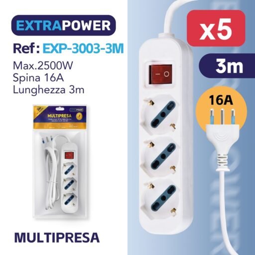 Extrapower Multipresa 3 Uscite schuko 10/16A, Spina 16A, Con interruttore on/off, cavo 3m ART.EXP3003-3M