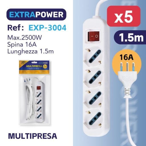 Extrapower Multipresa 4 Uscite schuko 10/16A, Spina 16A, Con interruttore on/off, cavo 1,5m ART.EXP3004