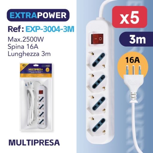 Extrapower Multipresa 4 Uscite schuko 10/16A, Spina 16A, Con interruttore on/off, cavo 3m ART.EXP3004-3M