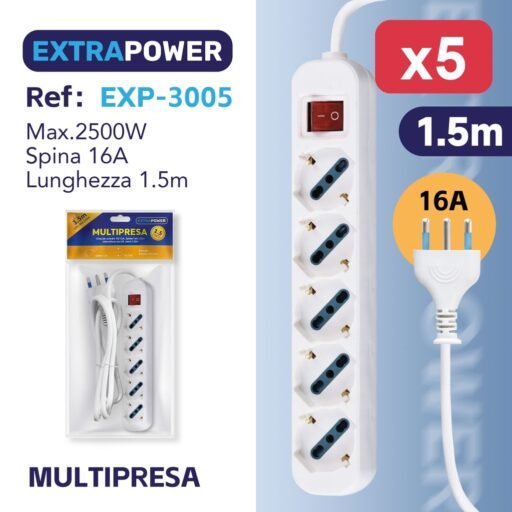 Extrapower Multipresa 5 Uscite schuko 10/16A, Spina 16A, Con interruttore on/off, cavo 1,5m ART.EXP3005