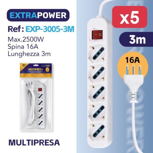 **Extrapower Multipresa 5 Uscite schuko 10/16A, Spina 16A, Con interruttore on/off, cavo 3m ART.EXP3005-3M