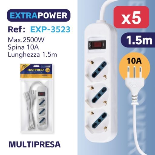 Extrapower Multipresa 3 Uscite schuko 10/16A, Spina 10A, Con interruttore di sicurezza, cavo 1,5m ART.EXP3523