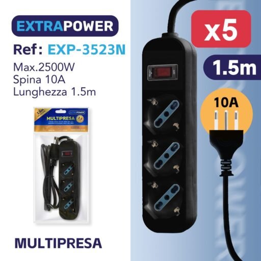 Extrapower Multipresa 3 Uscite schuko 10/16A, Spina 10A, Con interruttore di sicurezza, cavo 1,5m, NERA ART.EXP3523N