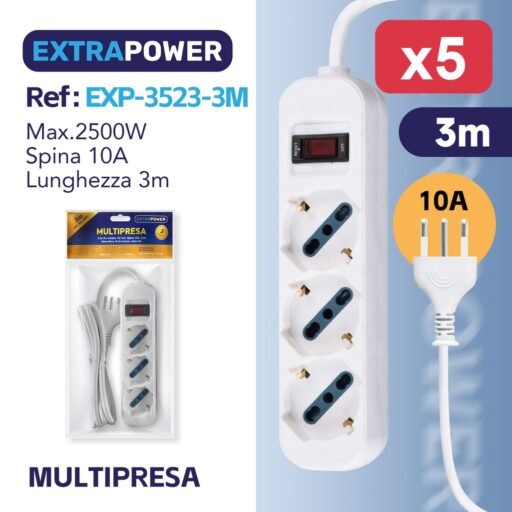 Extrapower Multipresa 3 Uscite schuko 10/16A, Spina 10A, Con interruttore di sicurezza, cavo 3m ART.EXP3523-3M