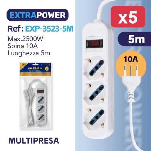 Extrapower Multipresa 3 Uscite schuko 10/16A, Spina 10A, Con interruttore di sicurezza, cavo 5m ART.EXP3523-5M