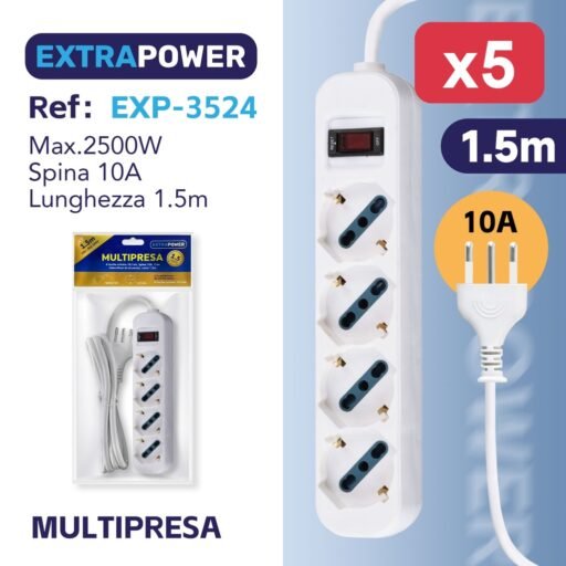 Extrapower Multipresa 4 Uscite schuko 10/16A, Spina 10A, Con interruttore di sicurezza, cavo 1,5m ART.EXP3524