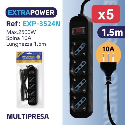 **Extrapower Multipresa 4 Uscite schuko 10/16A, Spina 10A, Con interruttore di sicurezza, cavo 1,5m - NERA ART.EXP3524N