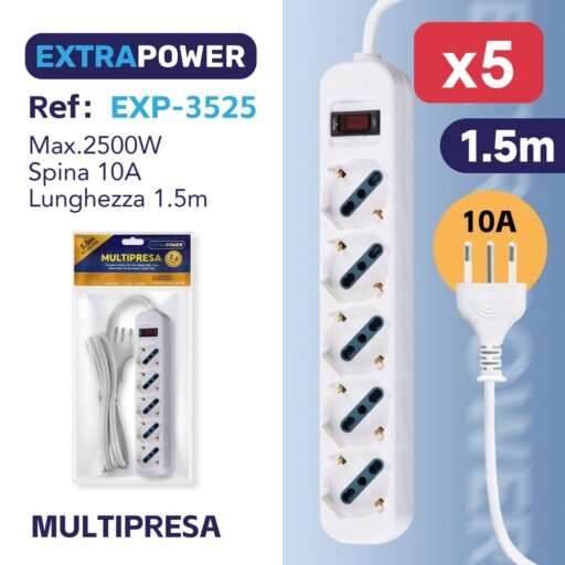 Extrapower Multipresa 5 Uscite schuko 10/16A, Spina 10A, Con interruttore di sicurezza, cavo 1,5m ART.EXP3525