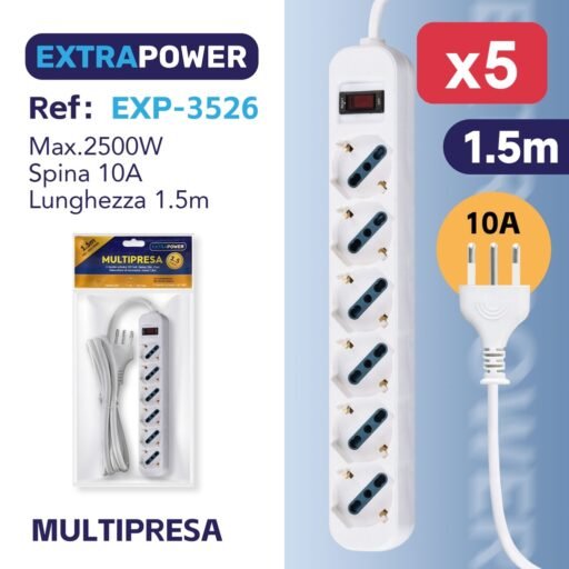 **Extrapower Multipresa 6 Uscite schuko 10/16A, Spina 10A, Con interruttore di sicurezza, cavo 1,5m ART.EXP3526